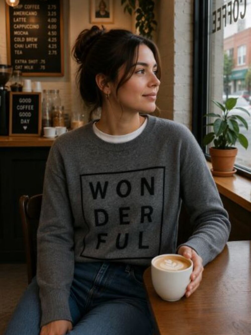 💕 HALOGEN Gray WONDERFUL Crewneck Knit Sweater with Black Graphic ✨